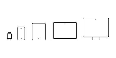 device icons: smartwatch, smartphone, tablet, laptop and desktop computer. vector illustration, flat