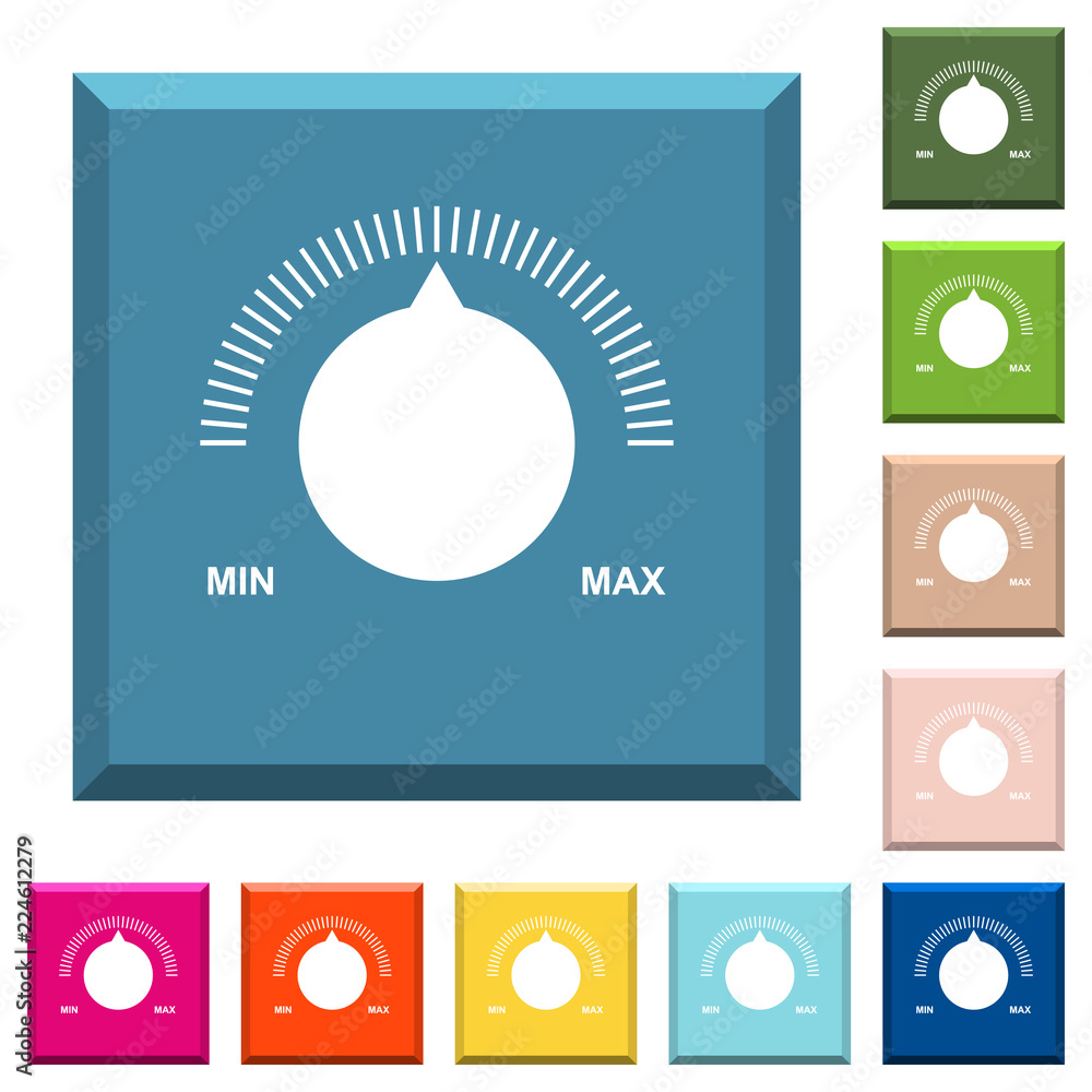 Volume control with captions white icons on edged square buttons Stock ...