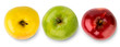 Three apples of different colors yellow, green and red on a white. The view from the top.