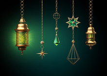 3d Render, Ornaments Hanging On Golden Chains, Glowing Light, Lantern, Tribal Festive Decoration, Ornate Crescent, Garlands, Design Elements Isolated On Emerald Green Background