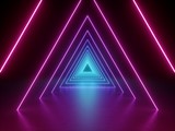 Fototapeta Perspektywa 3d - 3d render, ultraviolet neon triangular portal, glowing lines, tunnel, corridor, virtual reality, abstract fashion background, violet neon lights, arch, pink blue triangle, spectrum, laser show