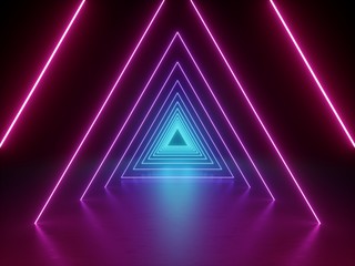 Wall Mural - 3d render, ultraviolet neon triangular portal, glowing lines, tunnel, corridor, virtual reality, abstract fashion background, violet neon lights, arch, pink blue triangle, spectrum, laser show