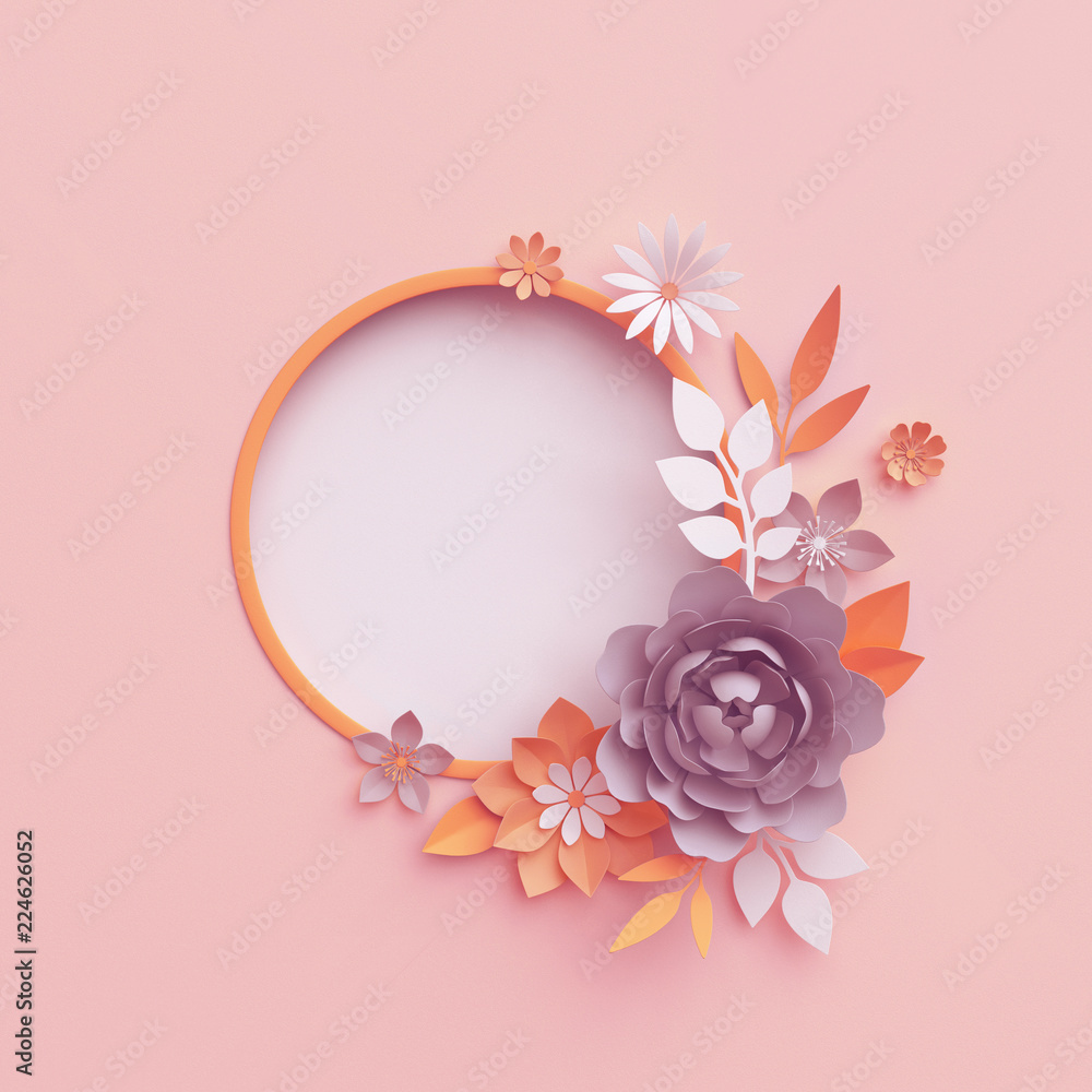 3d render, fall paper flowers, botanical round frame, pastel pink  background, autumn floral wreath, nursery wall decor, baby shower  invitation, blank banner, rose, peony, daisy, leaves Stock Photo | Adobe  Stock, image size:1000x1000