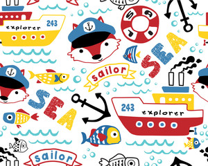 Wall Mural - Seamless pattern vector of sailing equipments cartoon with funny captain