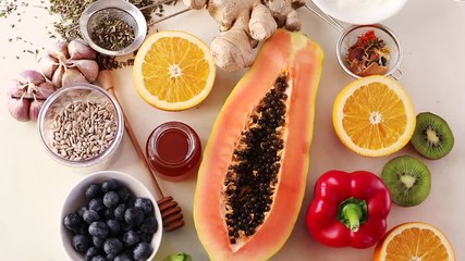 Wall Mural - Health  food to boost immune system. Hgh in antioxidants, minerals and vitamins. Top view
