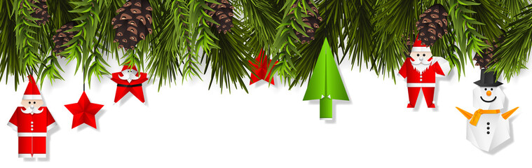 Wall Mural - christmas border (weihnachten girlande) with fir branches, pine cones, holly, and string lights. mer