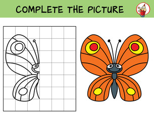 Wall Mural - Complete the picture of a funny butterfly. Copy the picture. Coloring book. Educational game for children. Cartoon vector illustration