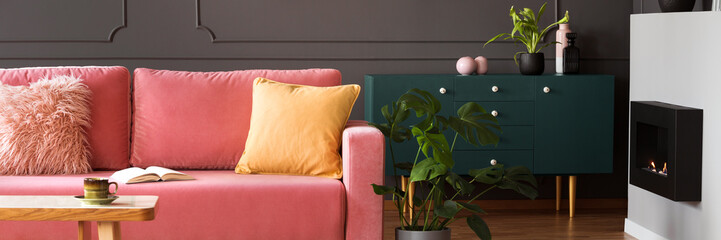 Panorama of orange pillow on pink settee in living room interior with plants and fireplace. Real photo