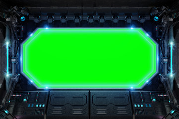 Poster - Dark spaceship interior with large window view 3D rendering