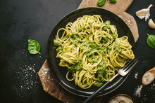 Tasty Pasta With Pesto Served On Plate