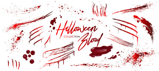 Fototapeta blood collection, happy halloween decoration, vector bloody horror drop, drip, splatter, creepy splash, spot, ... realistic blood on transparent background, isolated.