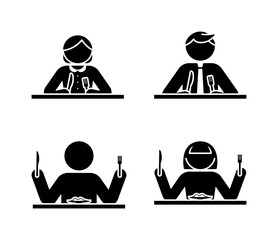 Wall Mural - Stick figure eating icon set. Breakfast, lunch, dinner black and white pictogram