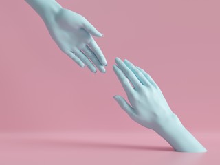 3d render, female hands isolated, minimal fashion background, mannequin body parts, helping hands, partnership concept, pink blue pastel colors