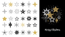 Collection Of Snowflakes, Stars, Christmas Decorations, Hand Drawn Illustrations