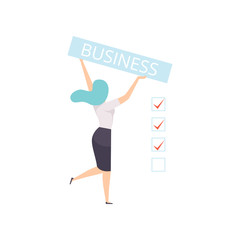 Sticker - Businesswoman holding a banner with the inscription Business vector Illustration on a white background