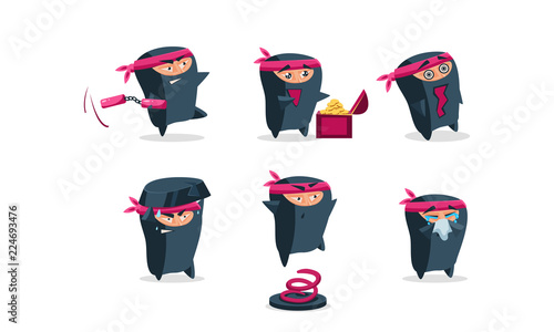 Flat vector set of funny ninja in different emotions: angry, happy, scared an...