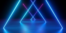 3d Render, Neon Lights, Abstract Background, Glowing Lines, Virtual Reality, Blue Triangular Arch, Ultraviolet, Infrared, Spectrum Vibrant Colors, Laser Show