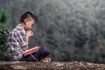 Wall Mural - boy praying on the scriptures Bible.