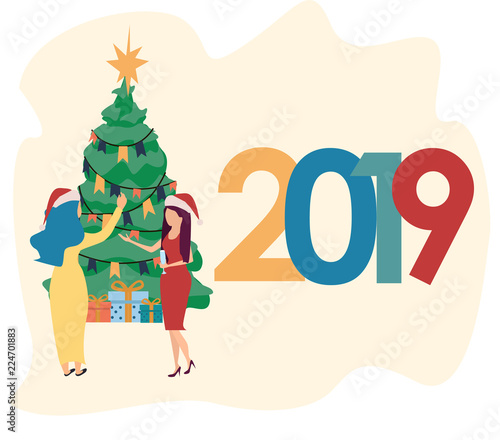 Woman Decorating Christmas Tree Happy Characters Preparing For