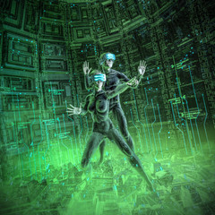 Wall Mural - virtual reality data core explorers / 3d illustration of male and female figures in virtual gear wor