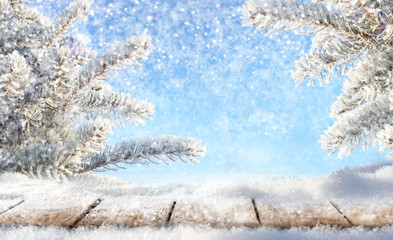 Wall Mural - winter christmas scenic background with copy space and snowfall. wooden flooring was strewn with sno