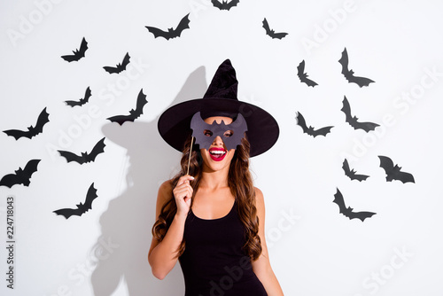 Trick or threat Close up portrait of cheerful woman with curly Tableau sur Toile