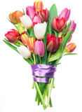 Fototapeta Tulipany - Colorful bouquet of tulips on white background.