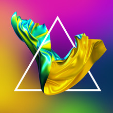 3d Render, Abstract Fashion Background, Iridescent Holographic Foil, Unveiling Yellow Green Textile, Creative Wallpaper, Multicolor Spectrum, Folded Cloth Falling, Triangle Frame, Isolated