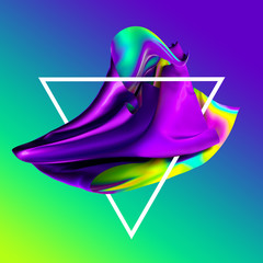 Wall Mural - 3d render, abstract fashion background, iridescent holographic foil, unveiling purple textile, creative wallpaper, ultraviolet spectrum, folded cloth falling, triangle frame, isolated