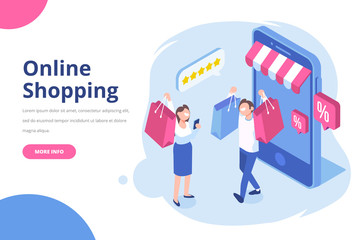 Isometric man and woman with shopping bags. Big sale. Happy shoppers. Online Shopping concept. Flat vector isolated  illustration.