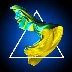 Wall Mural - 3d render, abstract fashion background, iridescent holographic foil, flying yellow green textile, creative wallpaper, folded cloth falling, triangle frame, isolated on blue