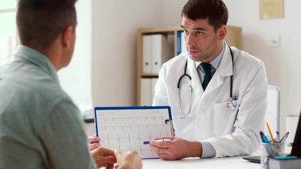 Sticker - medicine, healthcare and people concept - doctor showing cardiogram and giving drug pills to male patient at hospital