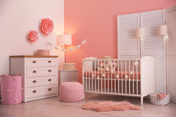 Wall Mural - Baby room interior with decorations and comfortable crib