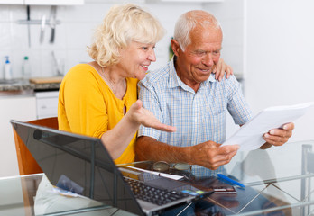 Smiling senior man and woman with financial documents