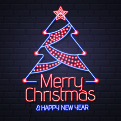 Neon sign merry christmas and happy new year on brick wall background. Christmas greeting card design