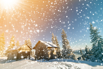 Fairy tale winter sunny landscape. Two weathered wooden shepherd huts on mountain snowy clearing among pine trees on colorful blue sky and snowflakes background. Happy New Year and merry Christmas.