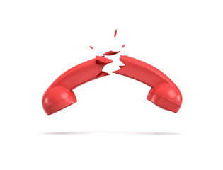 3d rendering of a red retro phone receiver broken in half on a white background.