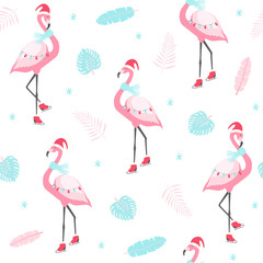 Wall Mural - christmas pattern with cute flamingo on skates. vector