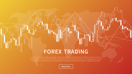 Candle stick chart of financial market trade vector banner. Forex trading graph with world map for fintech project graphic design.
