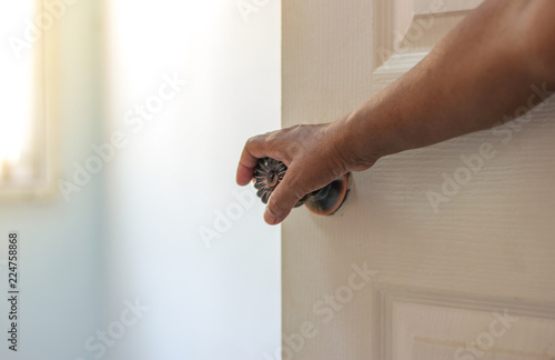 Man Hand Open Door Knob Or Opening The Door Buy This Stock