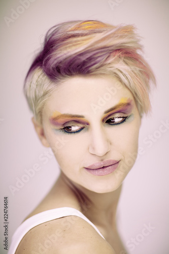 Fashion Beautiful Blonde Woman With Short Haircut And Colorful