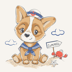 Wall Mural - Vector illustration of a cute puppy in sailor costume, seated on the beach.