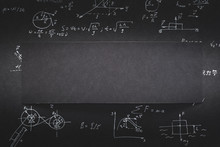 Empty Black Paper With Space For Text. Background With Science Formula And Calculations.