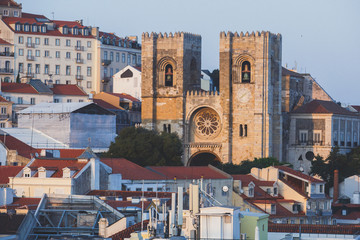 Wall Mural - Beautiful super wide-angle aerial view of Lisbon, Portugal with harbor and skyline scenery beyond the city, shot from belvedere observation deck Rua Augusta Triumphal Arch Viewpoint, Commerce Square