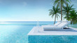 © LEKSTOCK 3D - Relaxing summe,beach lounge, Sunbathing deck and private swimming pool with Palm trees near beach and panoramic sea view at luxury house /3d rendering