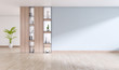 empty interior room ,gray wall  with wood shelf and Engineered wood flooring ,3d rendering