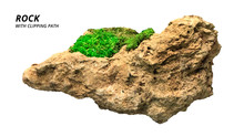 Rock With Moss Isolated On White Background. A Piece Of Heavy Stone. ( Clipping Path )