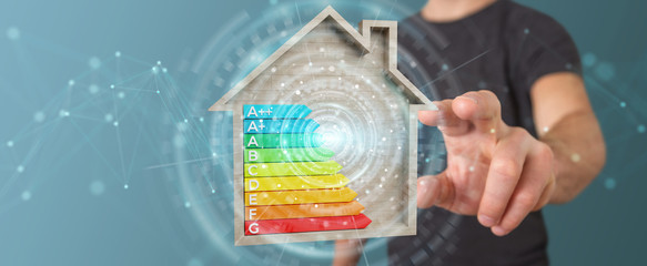 Wall Mural - businessman using 3d rendering energy rating chart in a wooden house