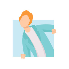 Sticker - Young man looking out of a square window vector Illustration on a white background