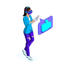 Wall Mural - isometry of a young woman rewrites through social networks, using a tablet and virtual glasses, virt